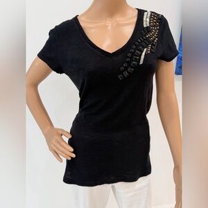 Pretty Black Embellished V-Neck Short Sleeve Top, Size S